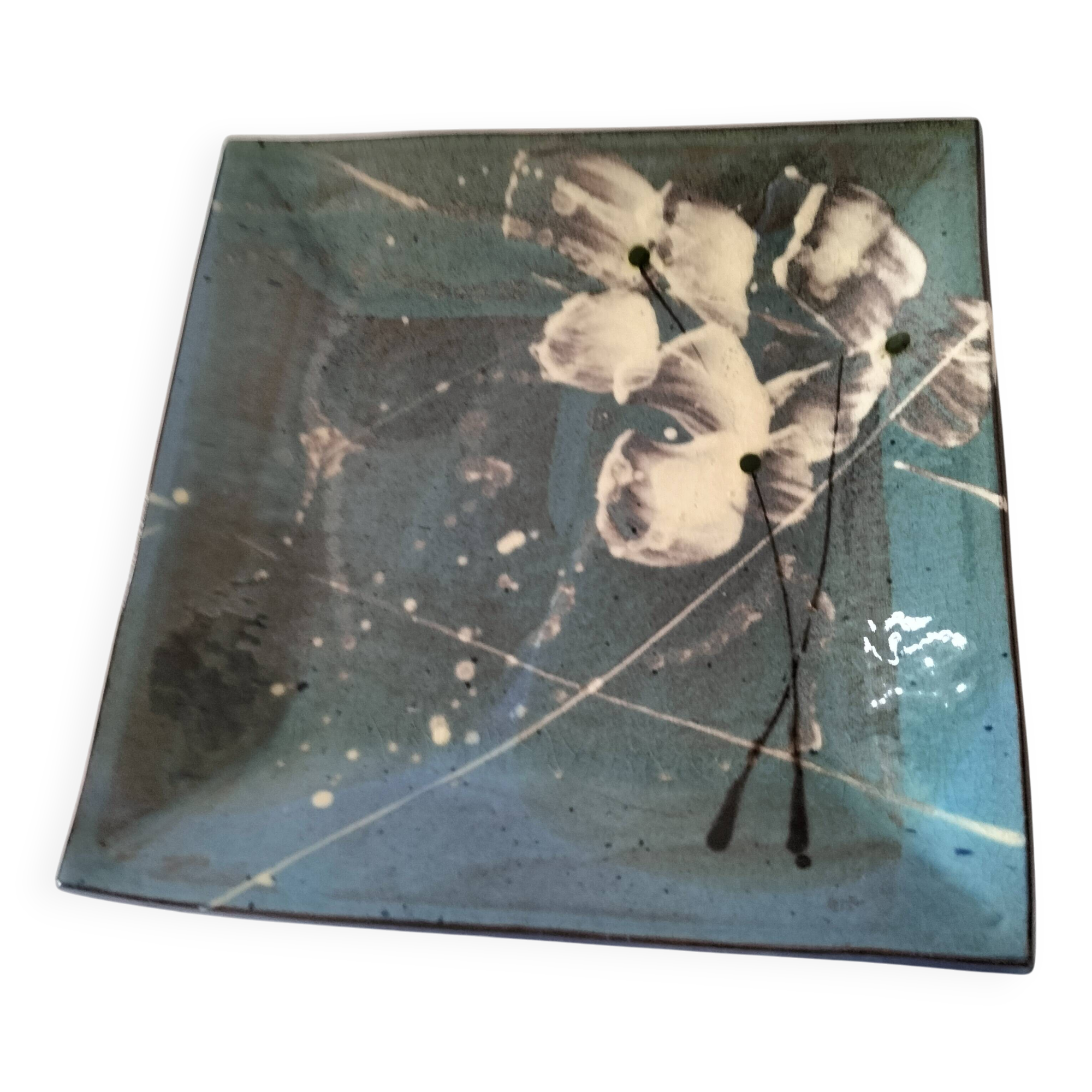 Square turquoise glazed stoneware dish, abstract floral decoration, signed.