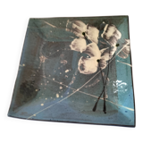 Square turquoise glazed stoneware dish, abstract floral decoration, signed.