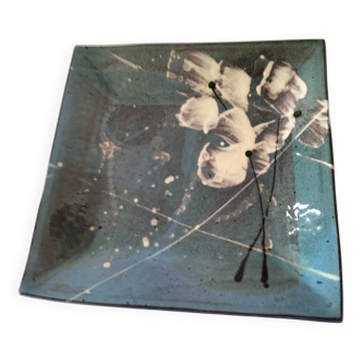 Square turquoise glazed stoneware dish, abstract floral decoration, signed.