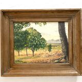 1920s french oil painting / panel. landscape. fields, trees and mountains