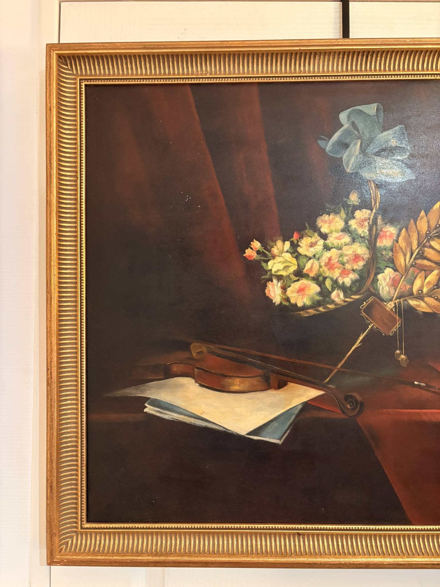 Old painting still life feather violin book lamp flowers