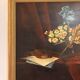 Old painting still life feather violin book lamp flowers