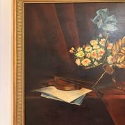 Ancien tableau peinture Nature Morte Plume violon Livre Lampe Fleurs