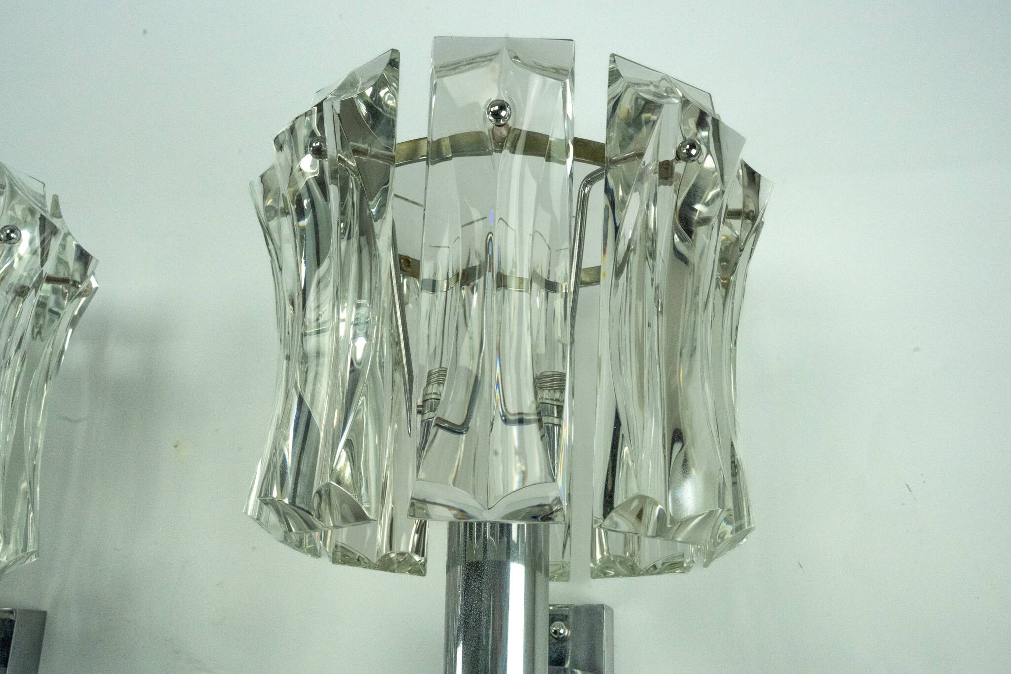 Set of four large Murano glass elements and chromed brass sconces, Italy 60
