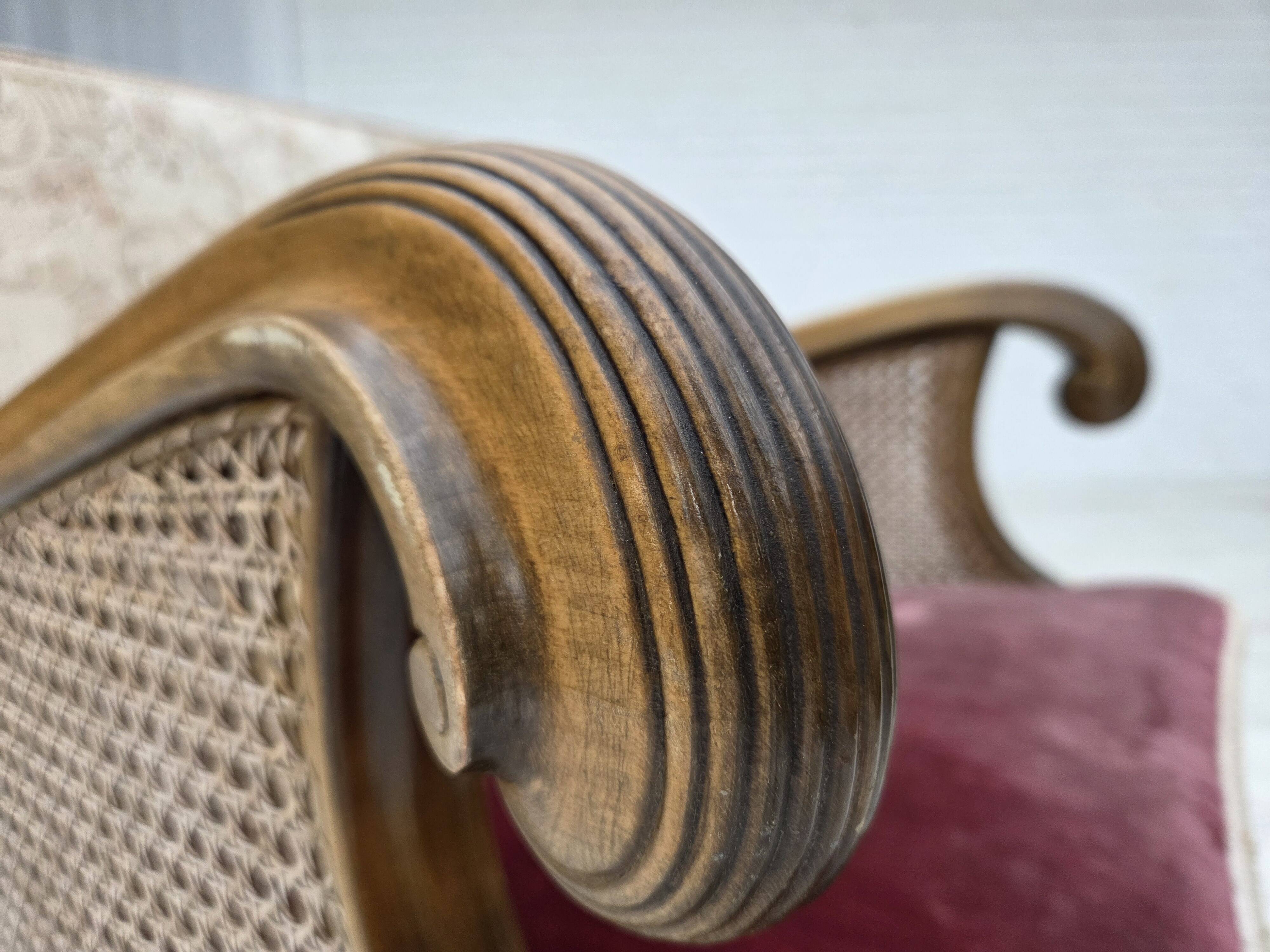 1940s, Danish armchair, woven wool, velour, mesh, carved oak wood.