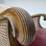 1940s, Danish armchair, woven wool, velour, mesh, carved oak wood.