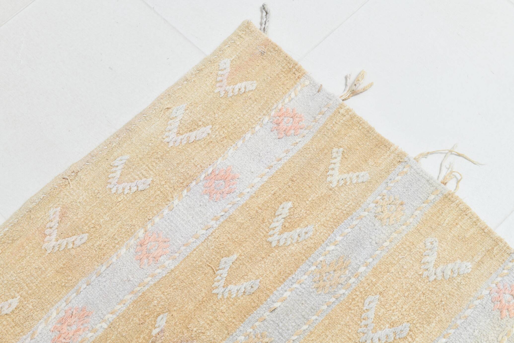 Soft Beige & Mustard Yellow Striped Wool Kilim Rug, 155x396