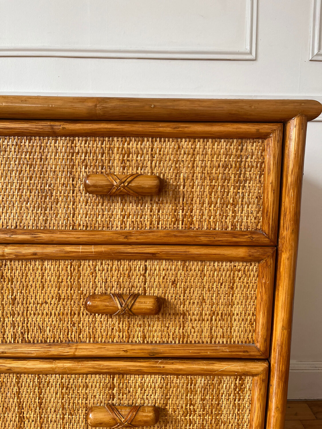 Vintage woven rattan chest of drawers