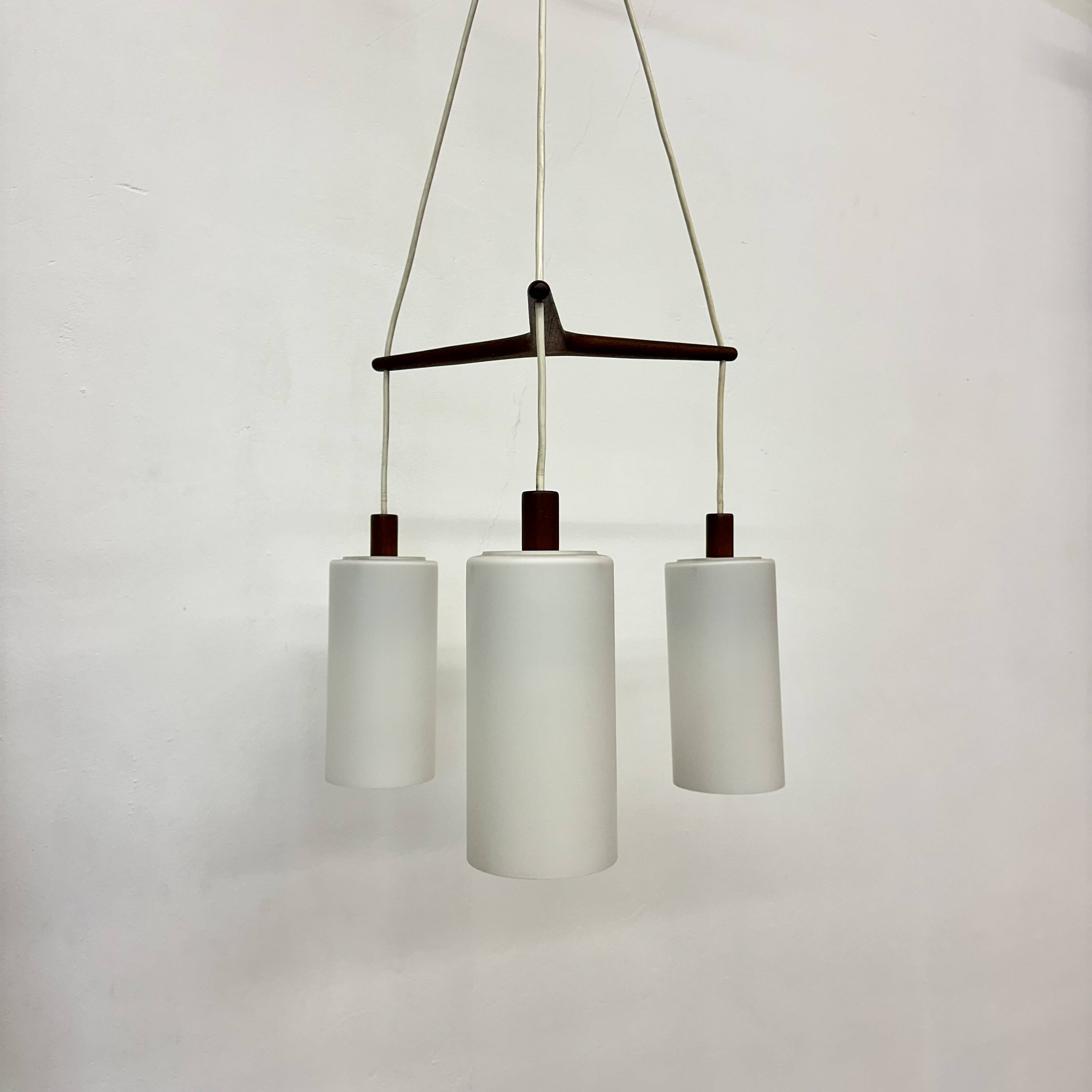 Mid-century design pendant lamp teak and opaline glass , 1970s