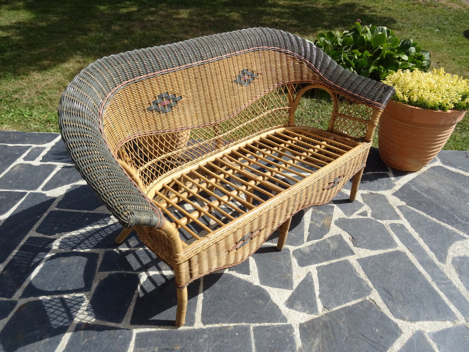 Vintage rattan lounge: one bench, two armchairs
