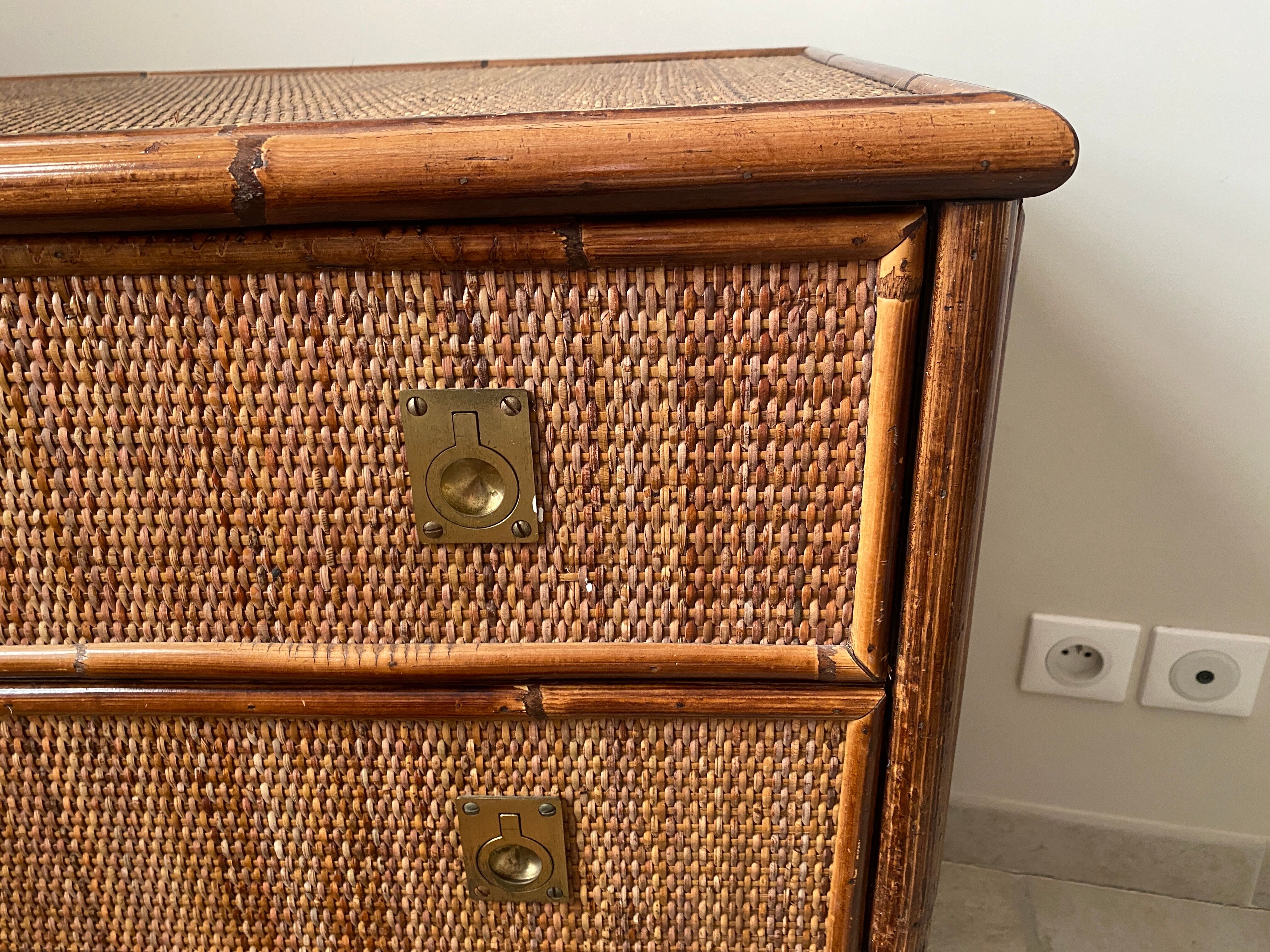 Dal Vera chest of drawers in woven rattan and bamboo Italian design 1970
