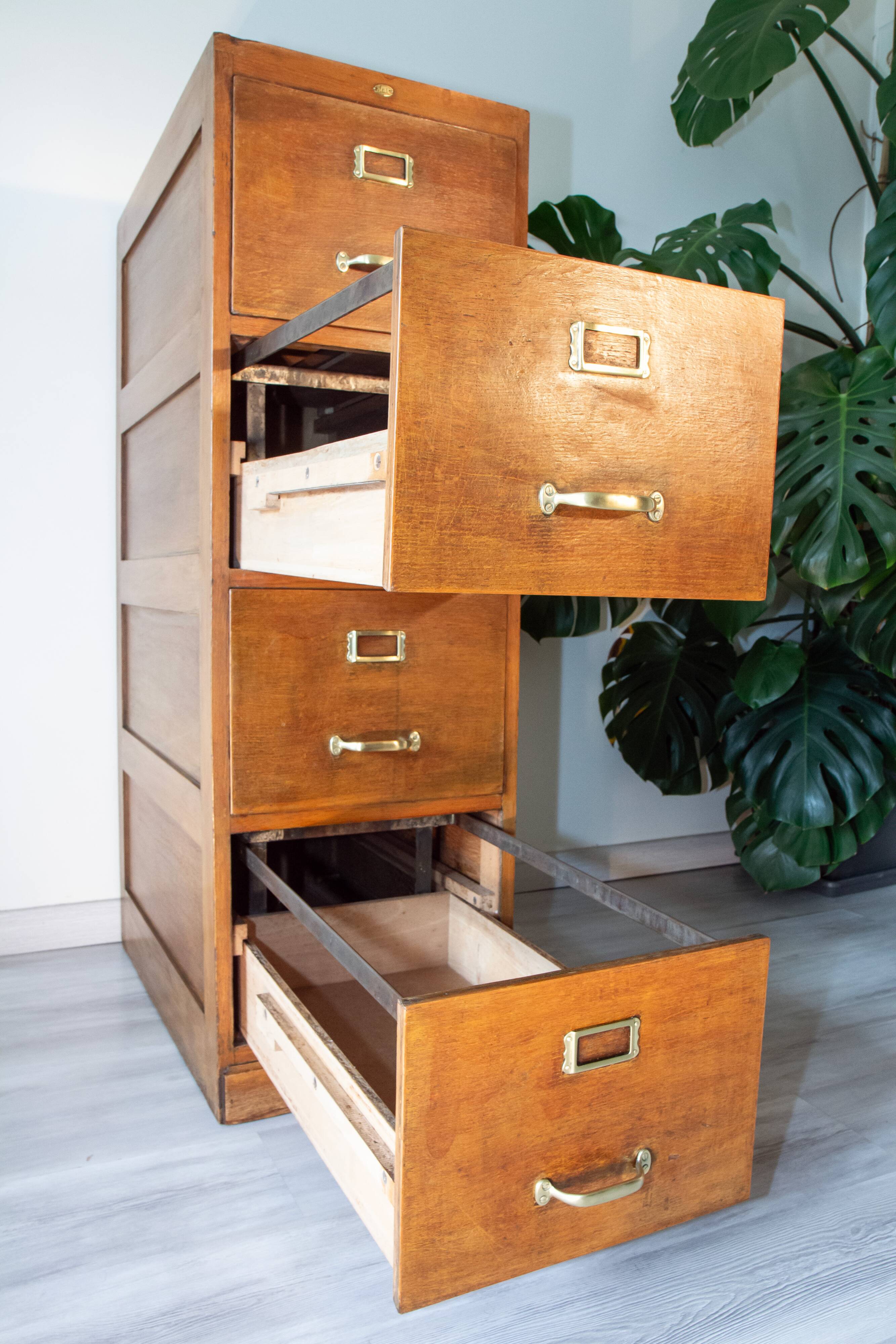 Old file cabinet, oak and brass, early 20th century