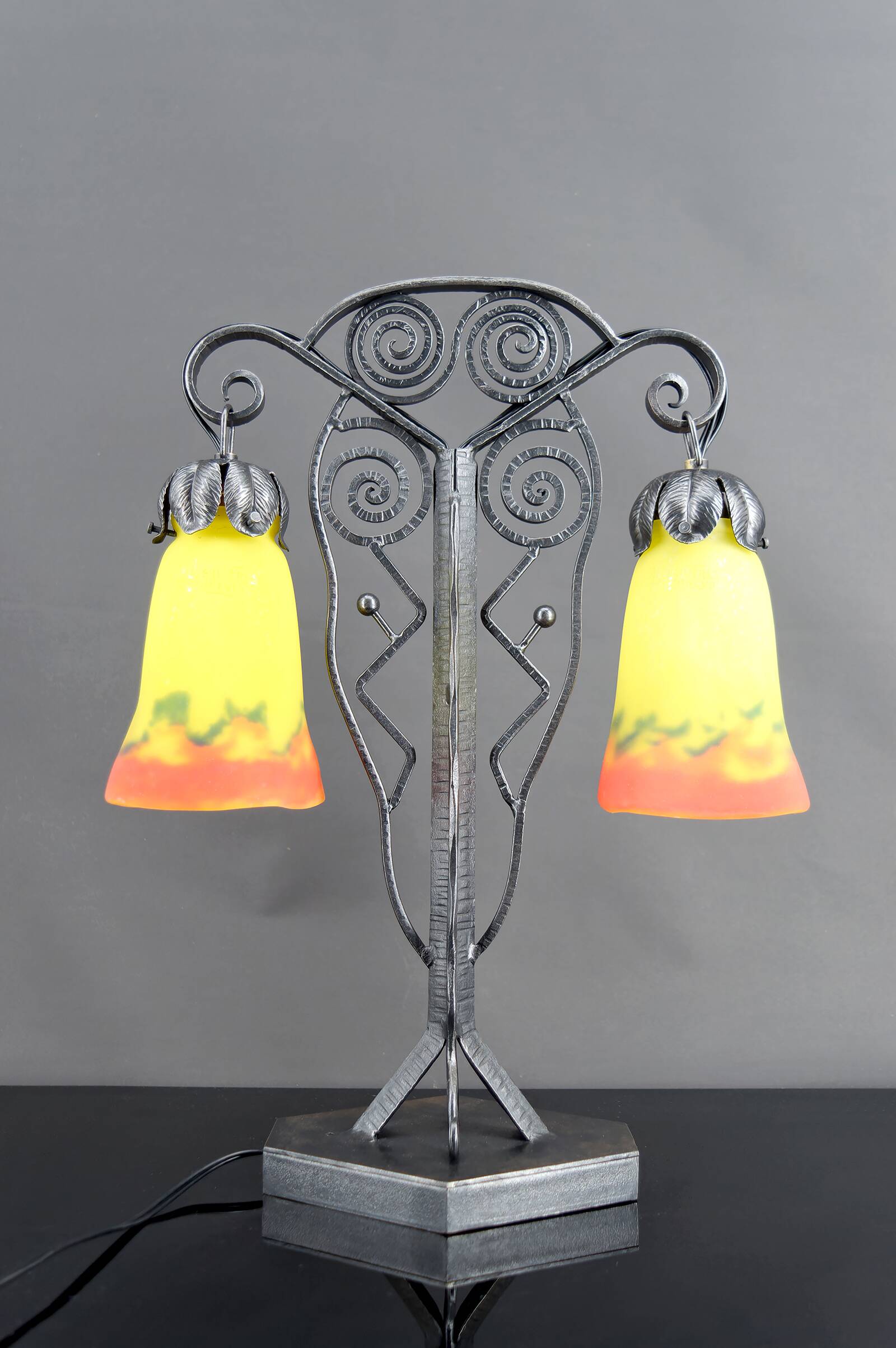 Bicéphale Art Deco lamp in wrought iron – Muller Frères Lunéville, circa 1930