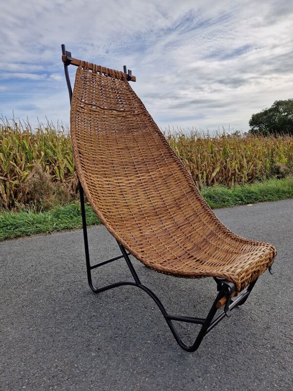 Fauteuil vintage en métal et osier grand modèle