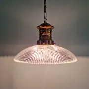 Art Deco glass pendant light with ribbed transparent design, 1920-30.