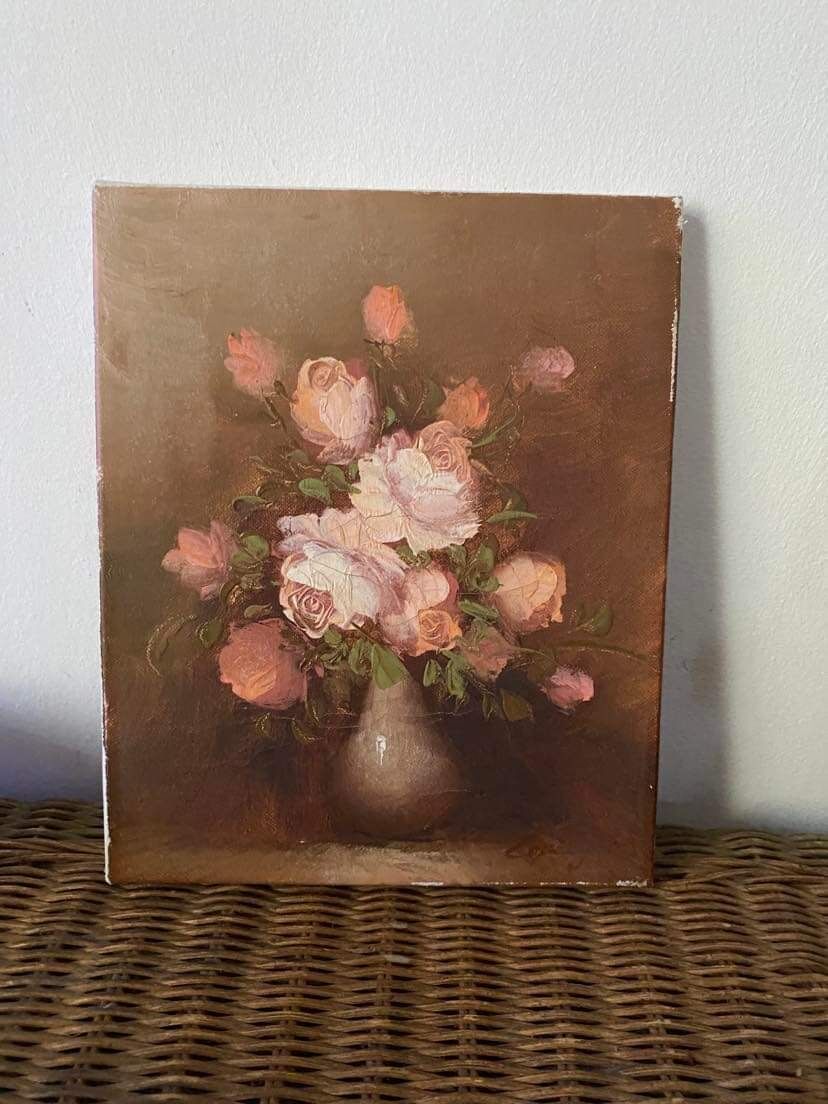 Painting on canvas pinks in a vase.