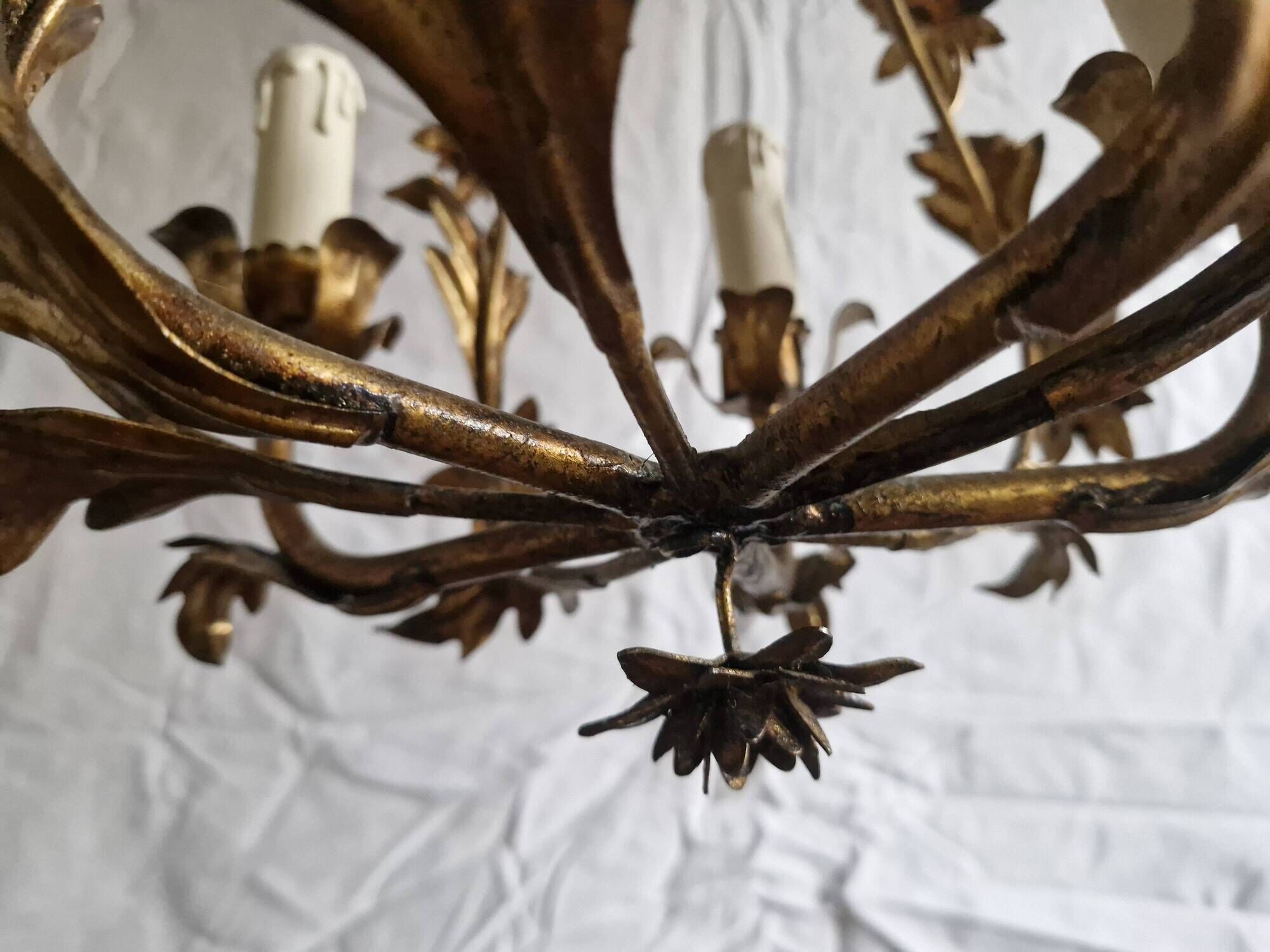 Rare suspension / antique chandelier with 5 lights - Flowers & Foliage in gilded metal