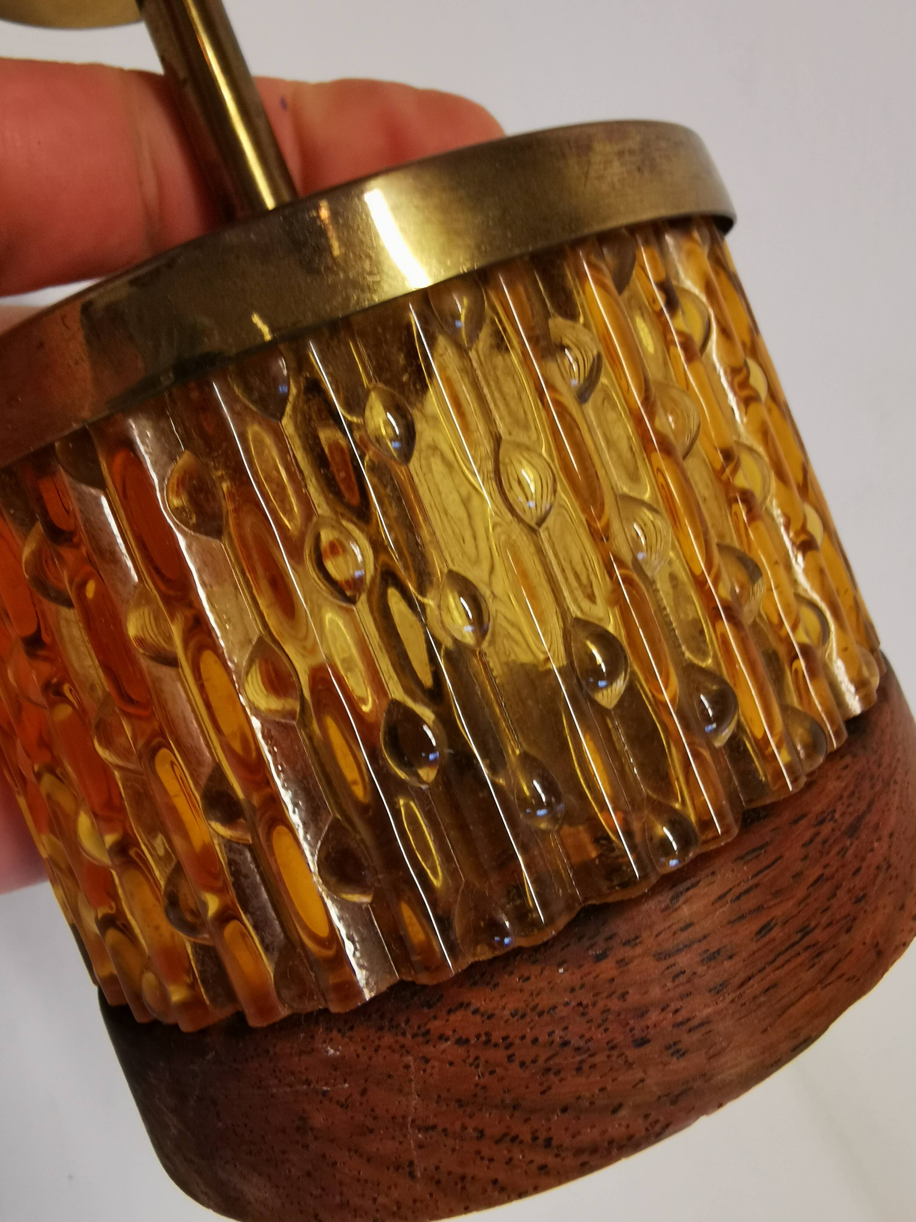 Swedish table lamp foot, made of wood, amber bubble glass and brass