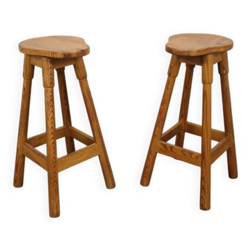 Paire de tabourets de bar en pin, années 1970