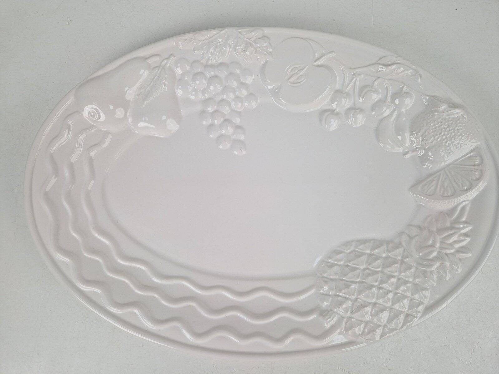 Vintage Large White Majolica Serving Bowl with Relief Fruits by A. Santos, Portugal, 1970s