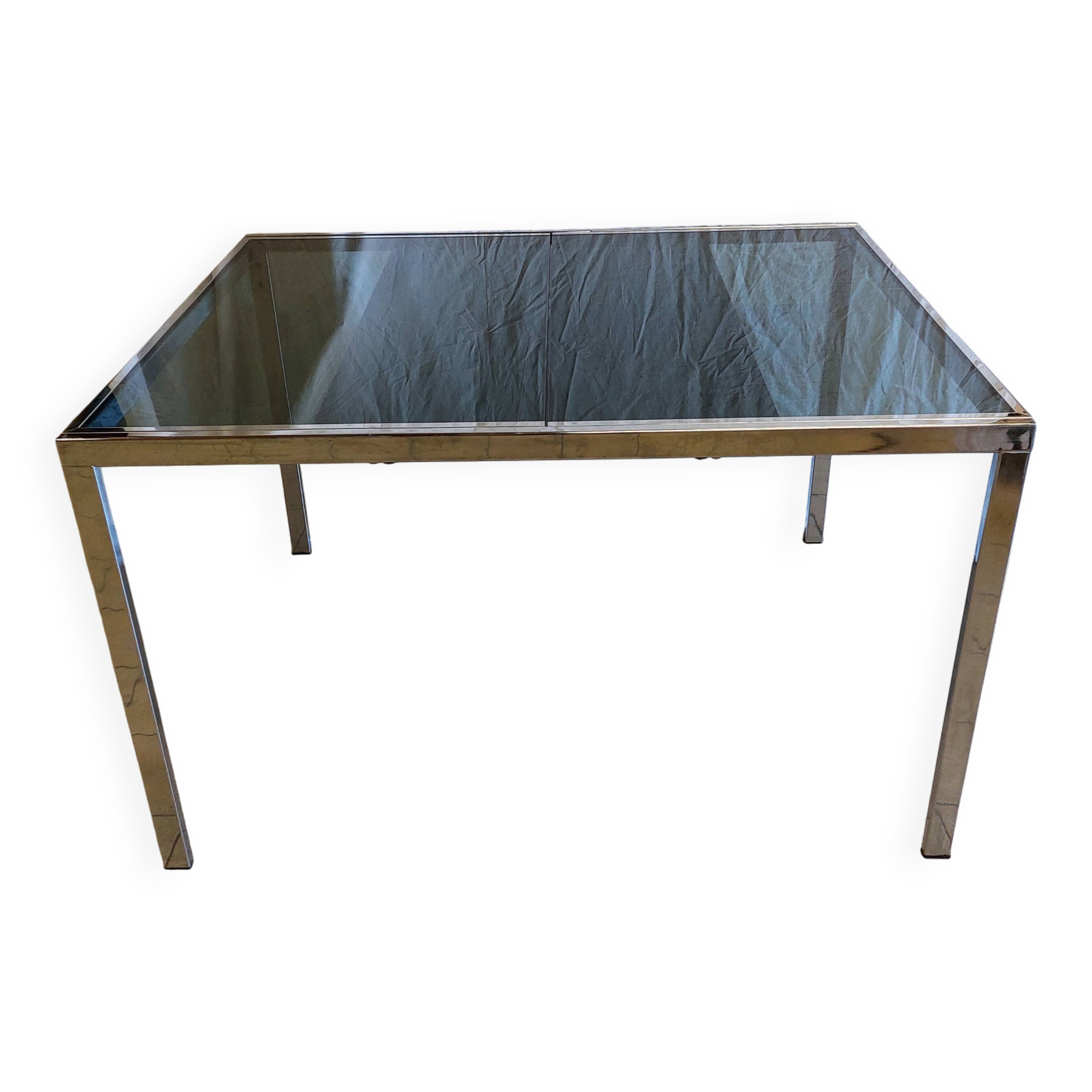 Table vintage extensible verre teinté et chrome Milo Baughman - Années 70