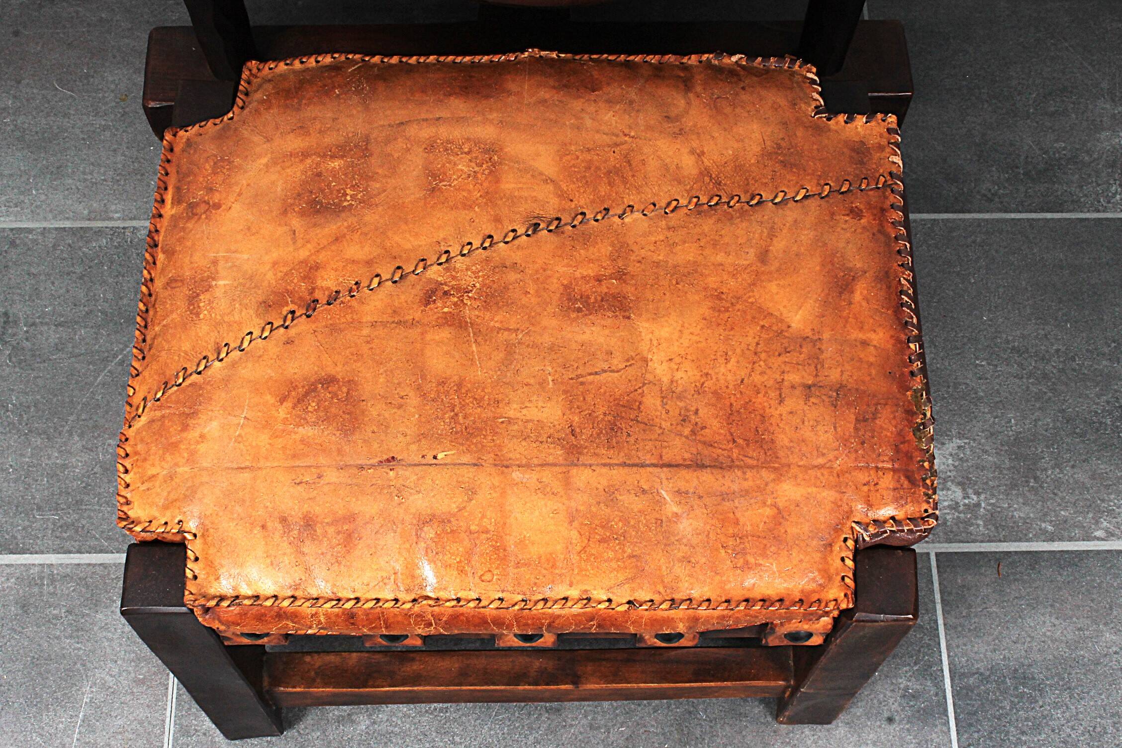 Brutalist oak lounge chair and ottoman, 1970s, set of 2