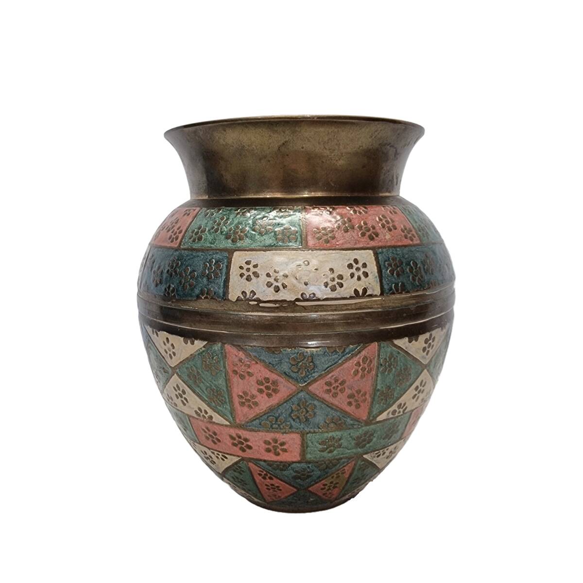 Painted Brass Vase From India, 1970s