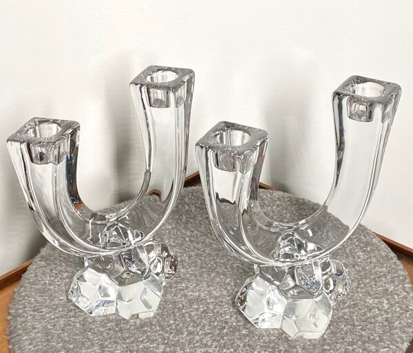 Paire de chandeliers art déco en cristal, Cristallerie Vannes Le Chatel