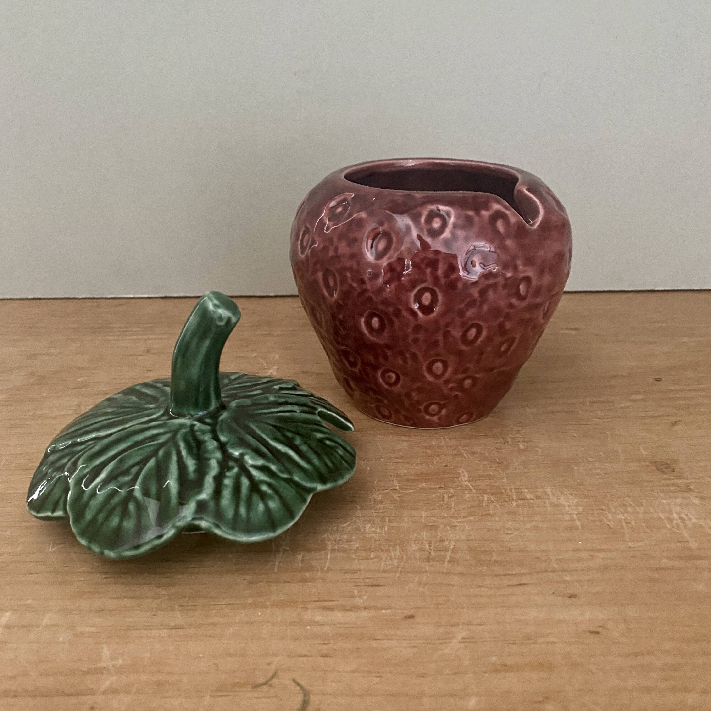 Mustard pot or vintage jam maker in strawberry slip