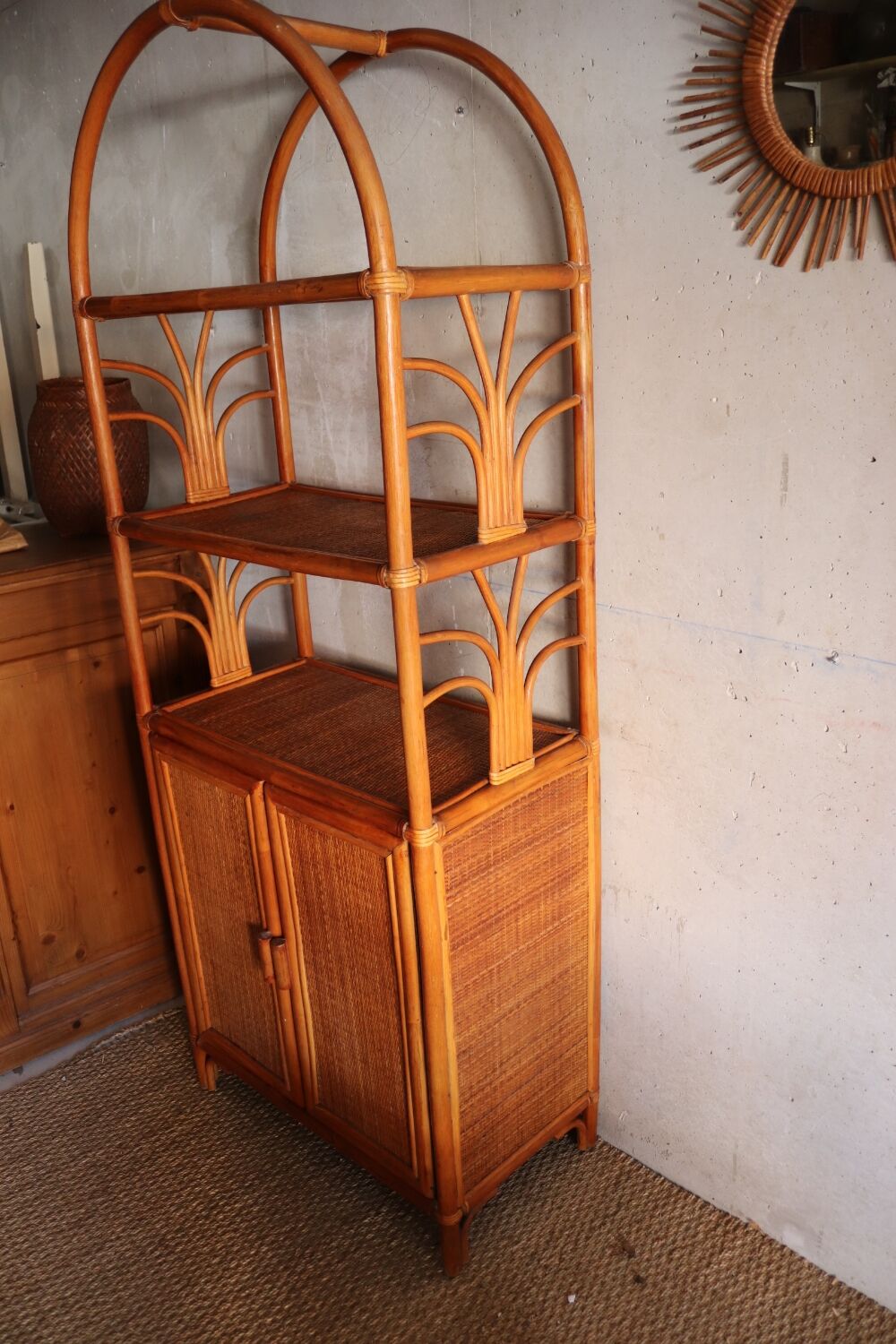 Rattan and vintage bamboo shelf