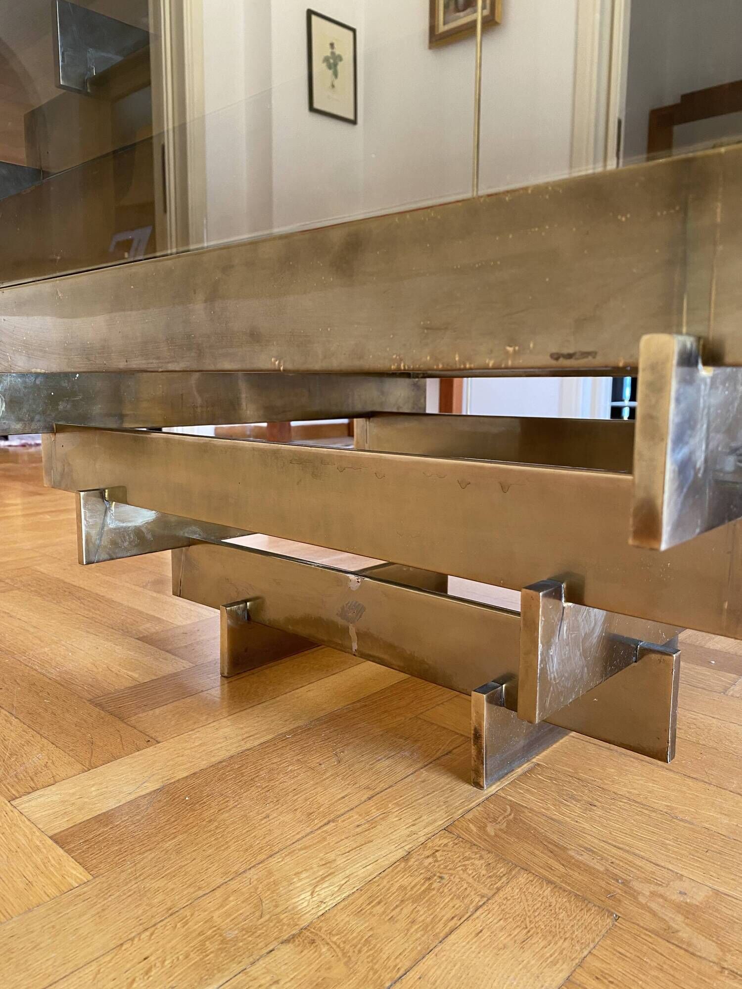 Vintage 1970s Square Coffee Table in Brass and Smoked Glass, David Hicks