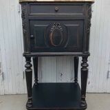 Romantic black bedside table with patinated marble and wood