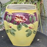 Yellow glazed ceramic slip vase with hawthorn pink flower motif