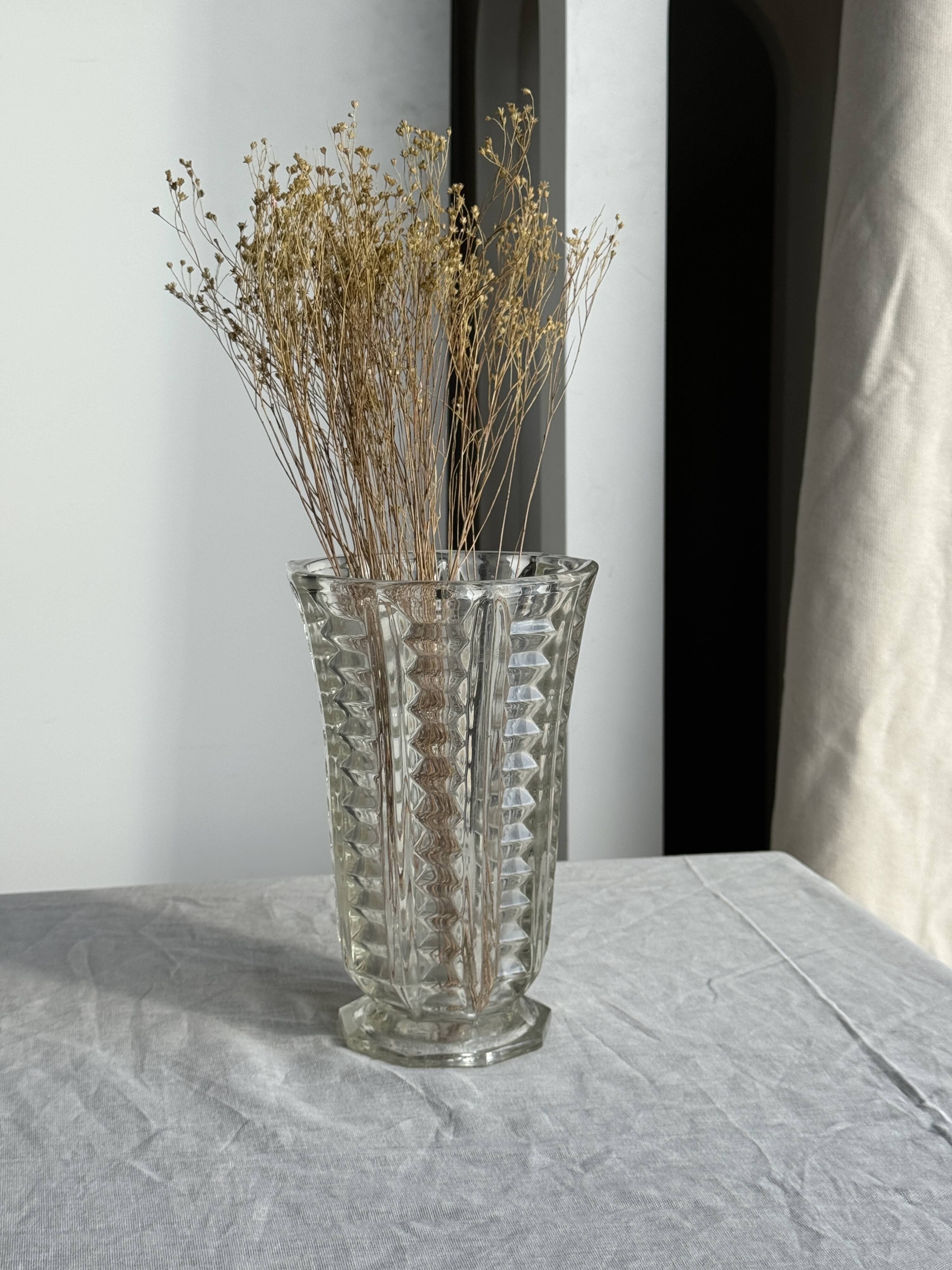 Vintage geometric moulded glass flared vase H21