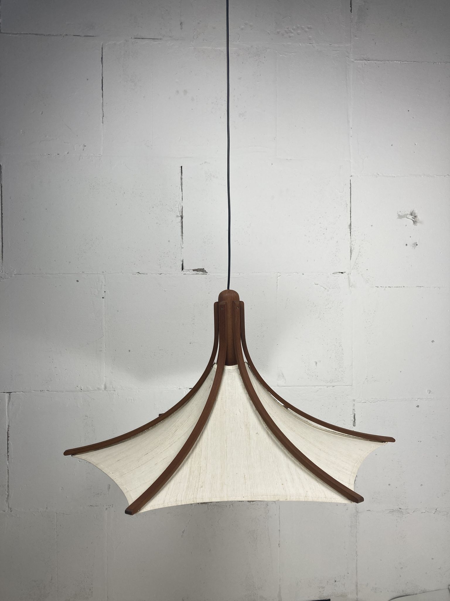 Teak and linen umbrella counter balance pendant by Domus, 1970s