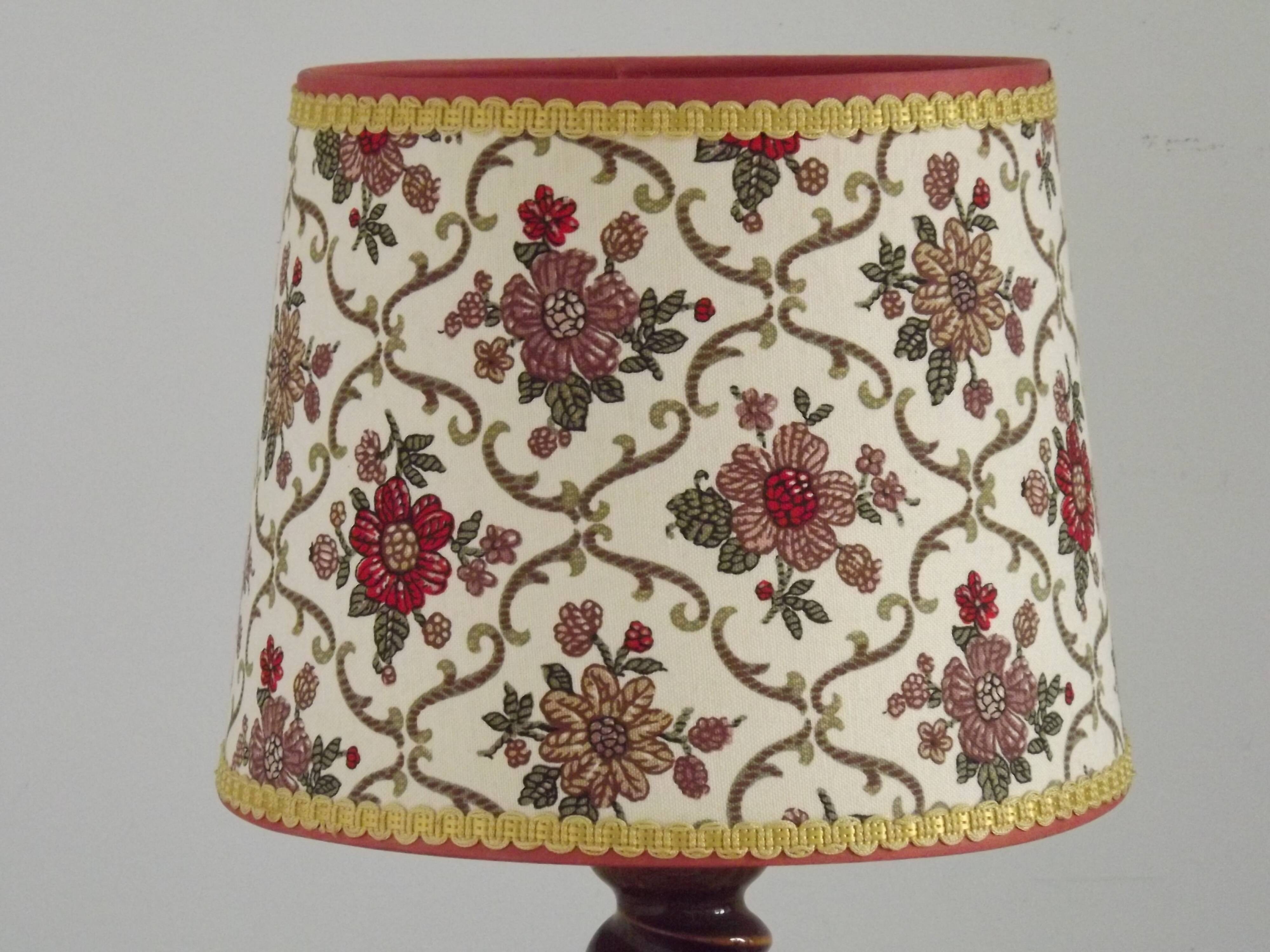 French Vintage Round Wooden Barley Twist Table Lamp With Floral Shade