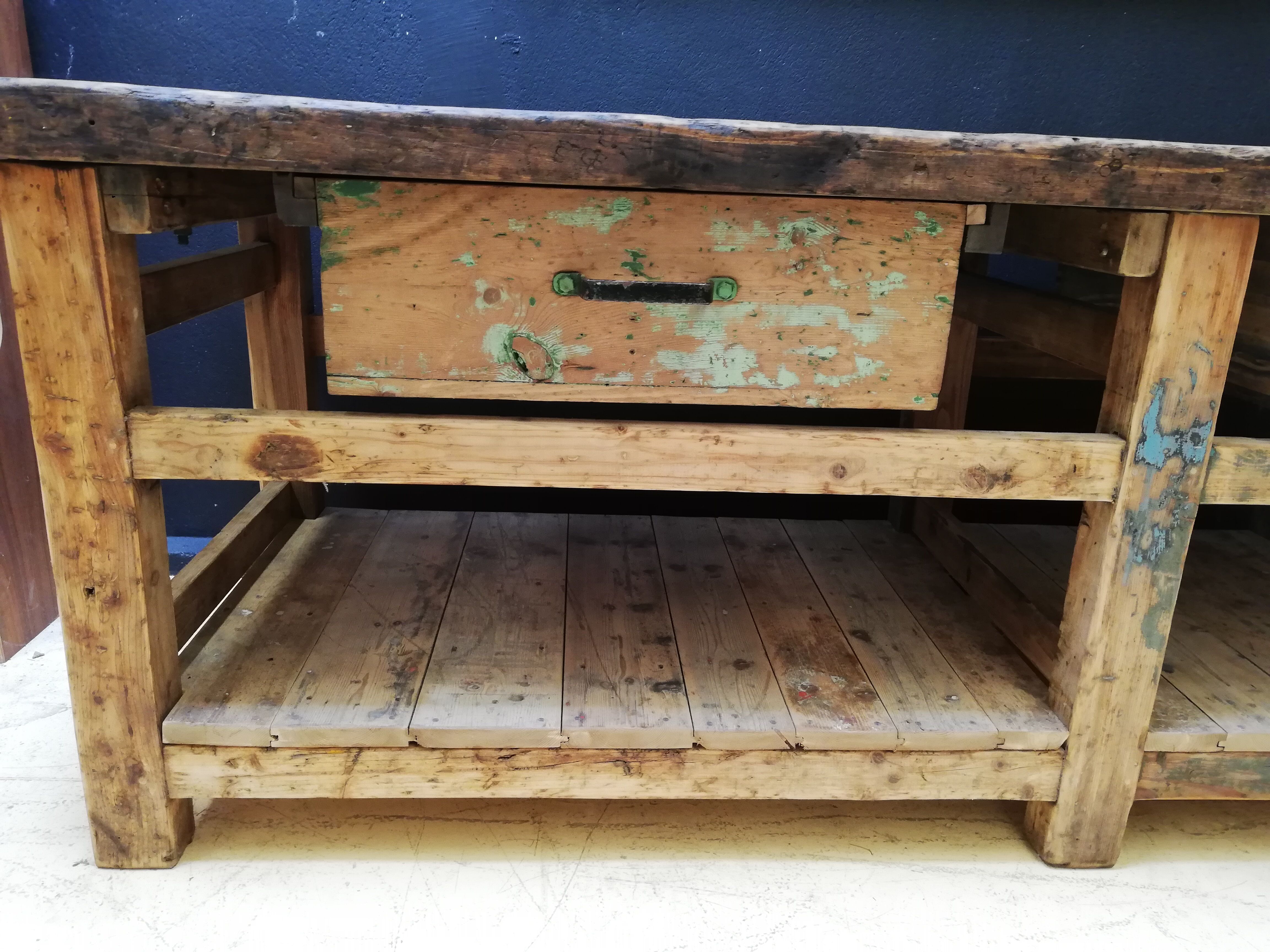 Old vintage wooden carpenter's workbench, industrial decoration