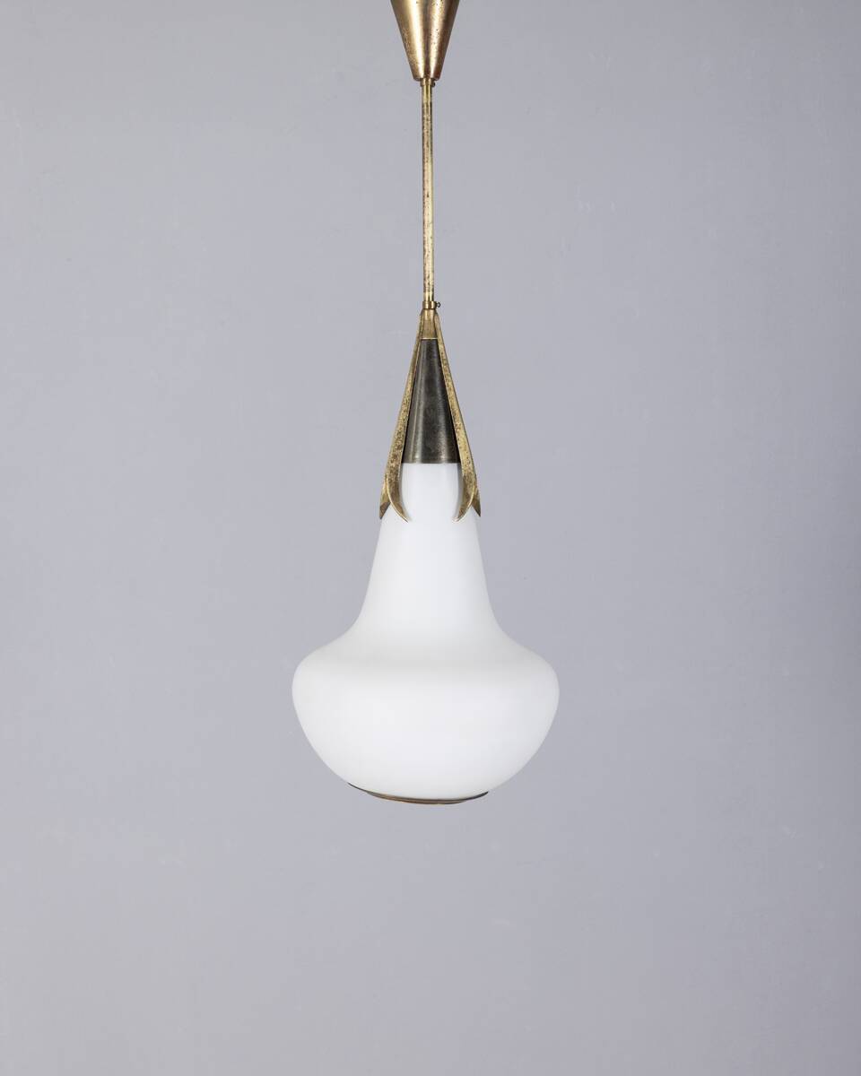 Vintage 1960s brass and opaline glass chandelier, designed by Stilnovo