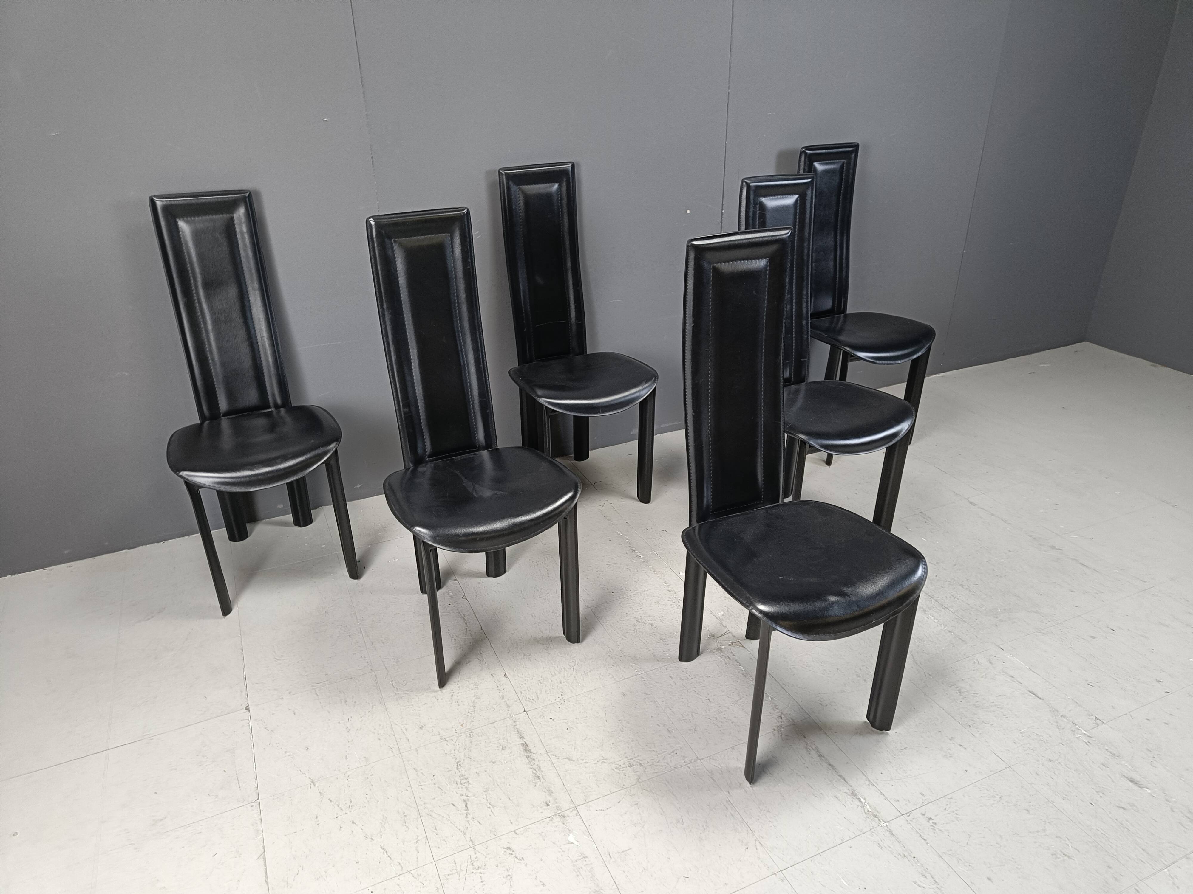 Vintage high back italian leather dining chairs, 1980s