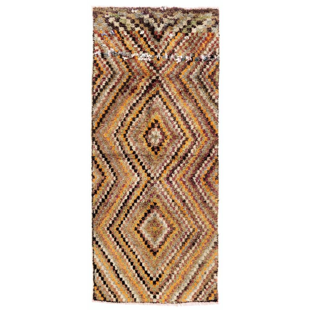 Vintage Hand-Knotted Turkish Tulu Runner Rug with Geometric Diamond Design in Earthy Colors, 100% Wool