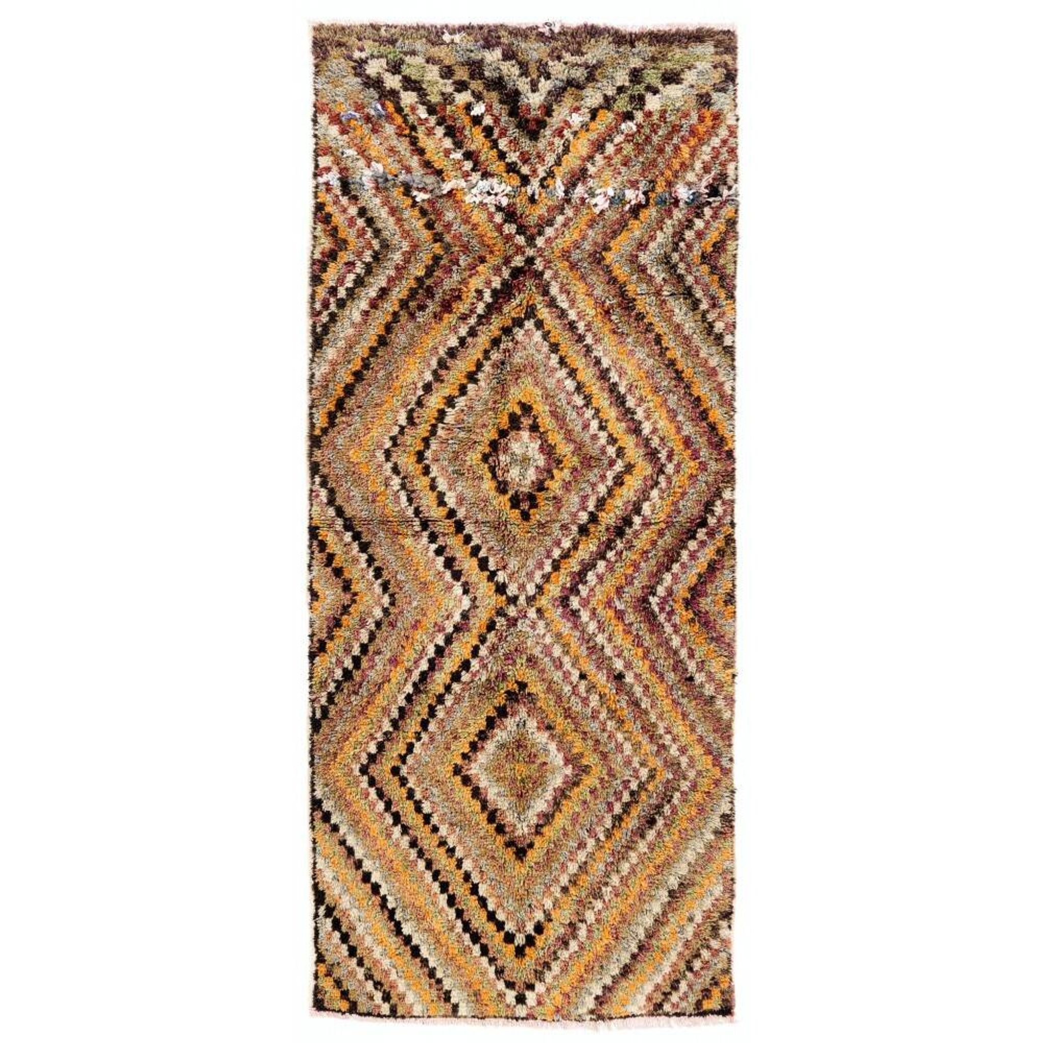 Vintage Hand-Knotted Turkish Tulu Runner Rug with Geometric Diamond Design in Earthy Colors, 100% Wool