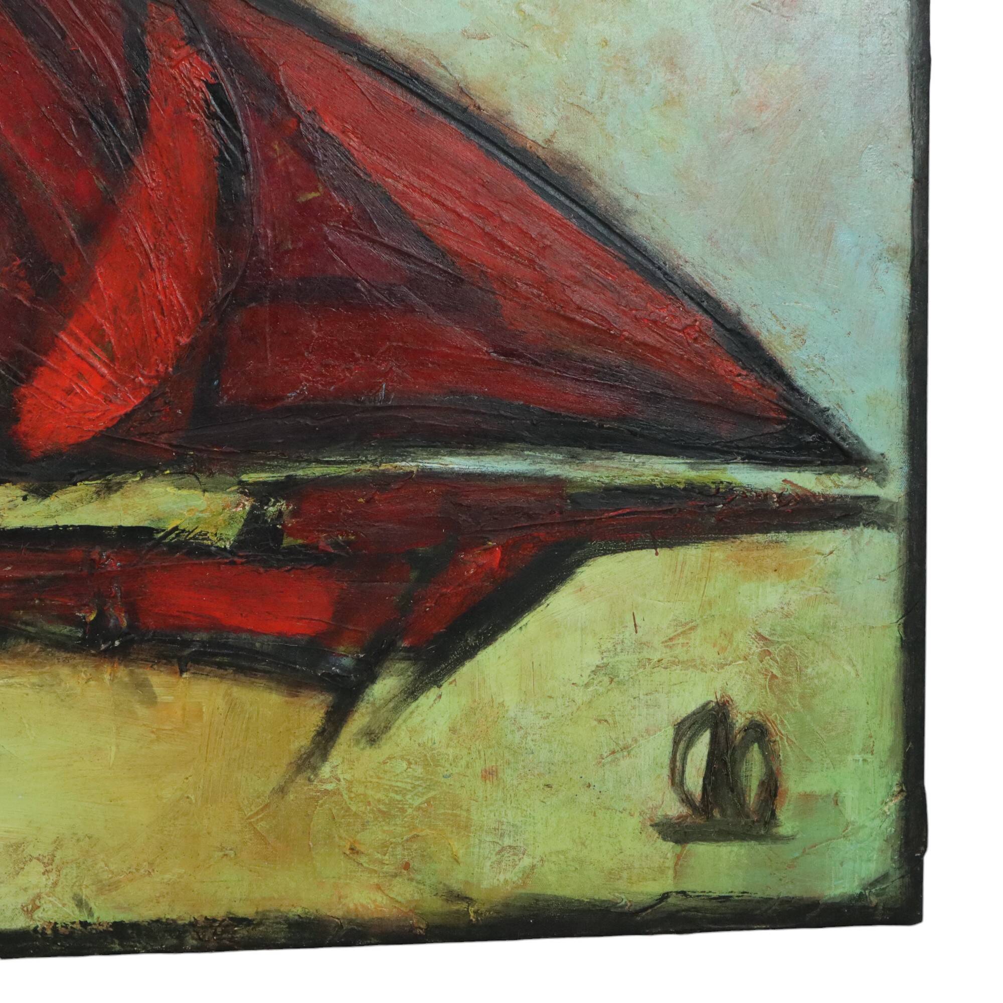 Abstract Boat Art Oil On Canvas XL Huge Painting Signed 146x114cm