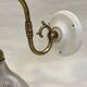 Swan neck wall light, brass, glass, holophane type, porcelain fixing