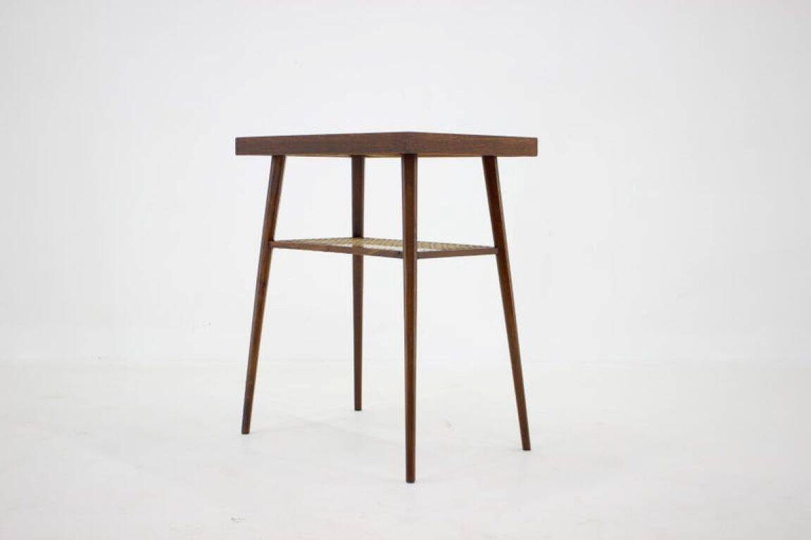 1960s Mid-Century Czech Oak Side Table with Woven Magazine Shelf