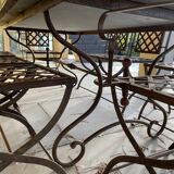 Dining table and seats for exterior or interior in metal and enameled lava tiles