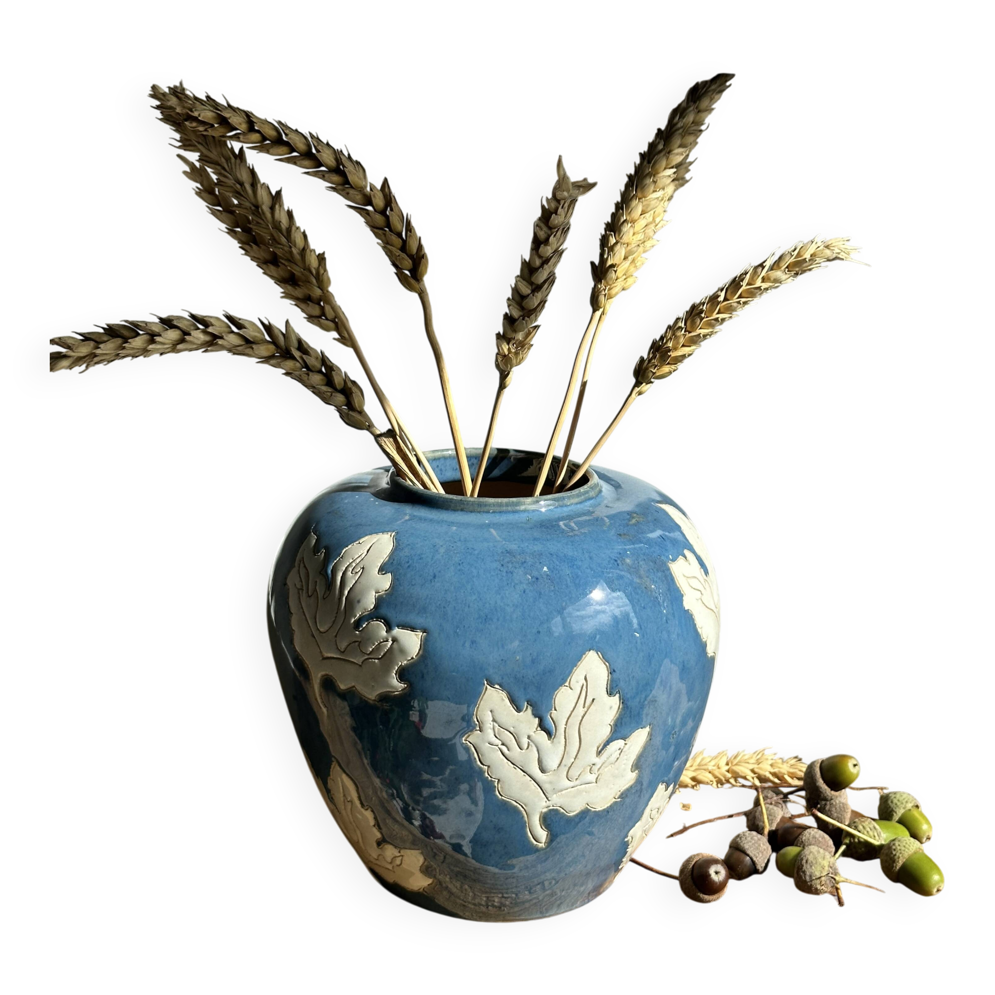 Magnificent Blue Glazed Ceramic Vase with White Plane Tree Leaves Decor
