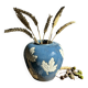 Magnificent Blue Glazed Ceramic Vase with White Plane Tree Leaves Decor