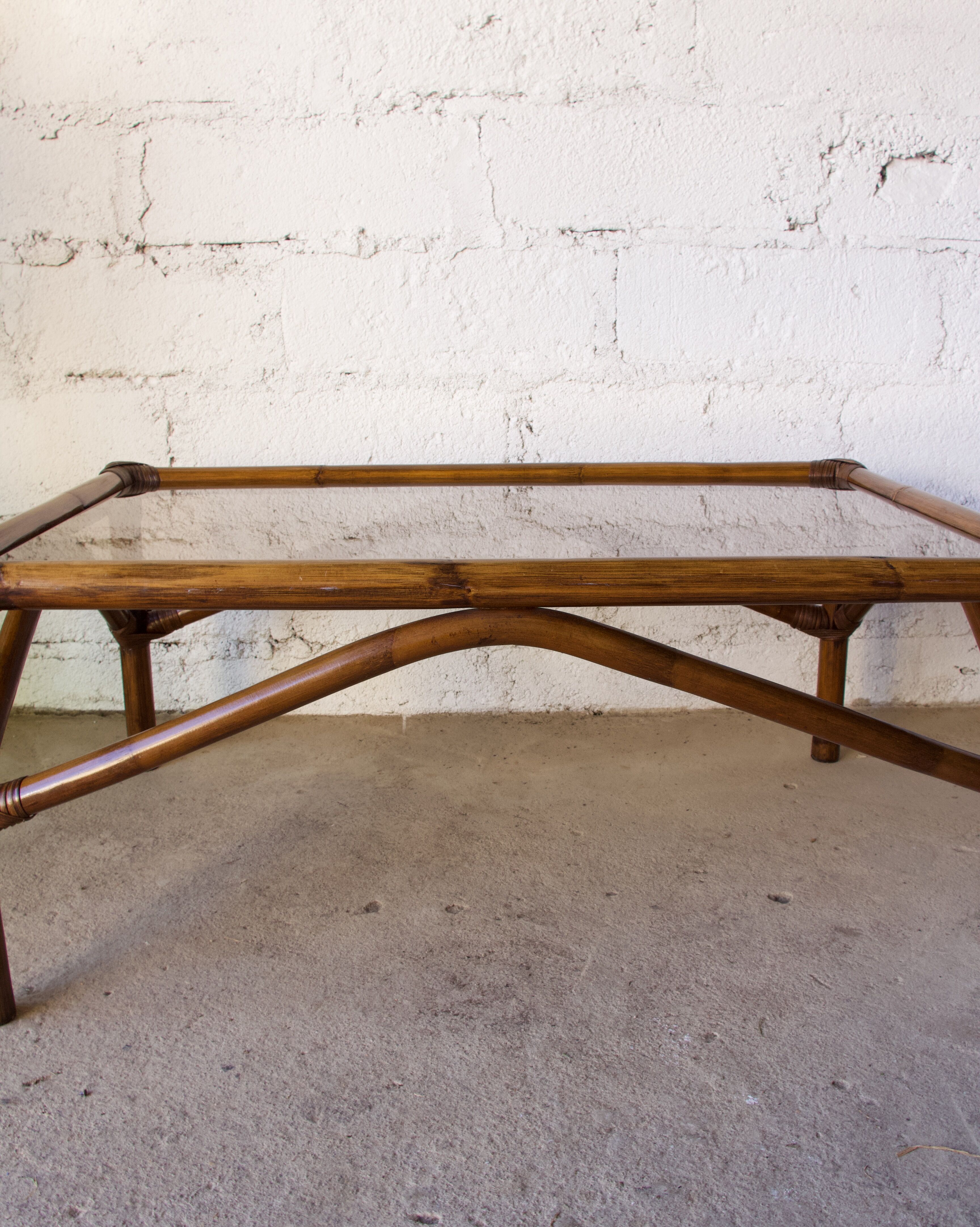 Rattan coffee table and vintage smoked glass top