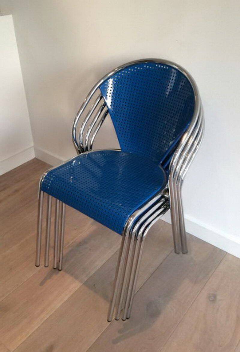 Set of 4 chrome chairs with perforated seats in blue lacquered metal