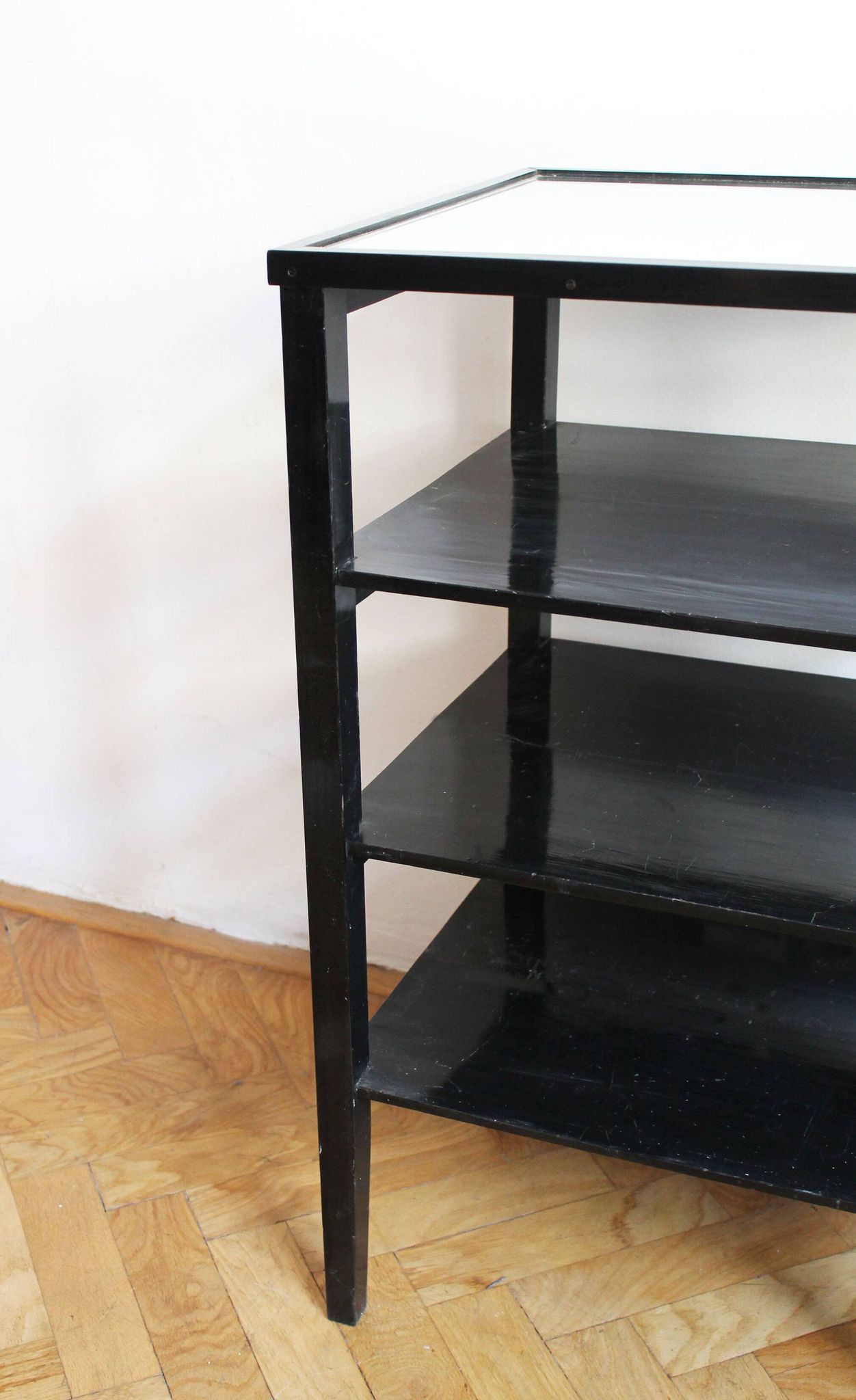Late 1940s Czechoslovak Functionalist Étagère in Black Wood and Bevelled Gl